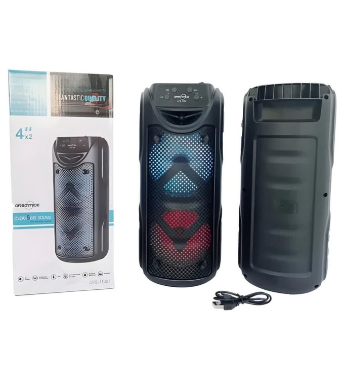 نمای نزدیک از اسپیکر GTS-1550 با بدنه پلاستیکی مشکی و چراغهای رنگی جلو